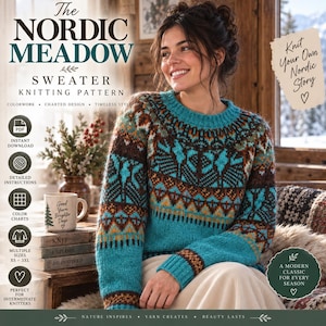 May include: A knitting pattern titled The Nordic Meadow Sweater featuring a colorwork design. The sweater is teal with brown, orange, and white geometric patterns. Text includes Instant Download, Detailed Instructions, Color Charts, and Multiple Sizes.