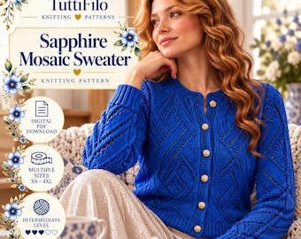 Sapphire Mosaic Sweater Knitting Pattern | Women's Blue Pullover (Digital PDF)