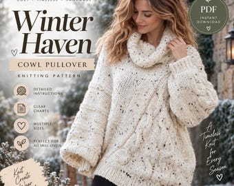 Winter Haven Cowl Pullover Knitting Pattern, Cable Knit Sweater (PDF Download)