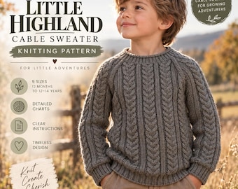 Kids Cable Sweater Knitting Pattern PDF, Children's Raglan Pullover, 9 Sizes, 12 Months–12 Years