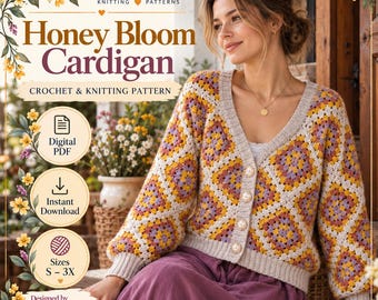 Honey Bloom Granny Square Cardigan Pattern | Crochet & Knit Sweater (Digital PDF)