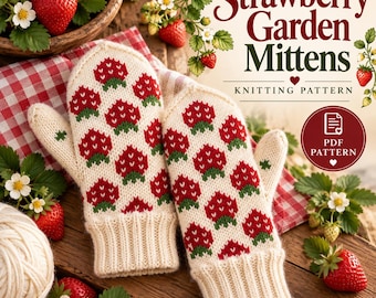 Strawberry Garden Mittens Knitting Pattern, Fair Isle Colorwork (PDF Download)
