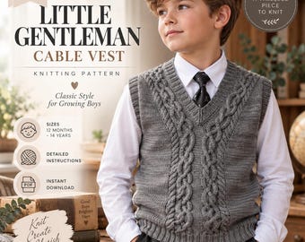 Boys Cable Vest Knitting Pattern PDF, Kids V-Neck Sweater Vest, 12 Months–14 Years
