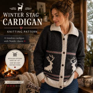 May include: A dark charcoal gray knit cardigan featuring a cream-colored collar, cuffs, and button placket. The garment displays a white stag motif across the chest and hem, accented by red and white geometric patterns. Text reads Winter Stag Cardigan.