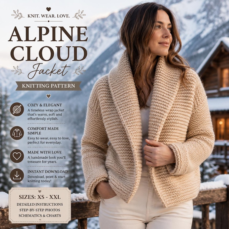 May include: A beige knit wrap jacket with a wide shawl collar and long sleeves. The text on the image reads: KNIT. WEAR. LOVE. ALPINE CLOUD Jacket KNITTING PATTERN. COZY & ELEGANT. COMFORT MADE SIMPLE. MADE WITH LOVE. INSTANT DOWNLOAD. SIZES: XS - XXL.