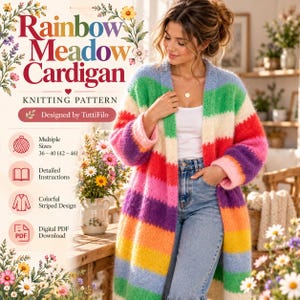 Könnte beinhalten: Eine digitale Strickanleitung für eine Rainbow Meadow Strickjacke, die eine lange, offene Strickjacke mit horizontalen Streifen in Blau, Gelb, Orange, Rot, Pink und Lila zeigt. Der Text enthält Multiple Sizes 36-40 (42-46), Detailed Instructions und Digital PDF Download.