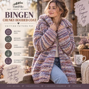 Könnte beinhalten: Eine Strickanleitung als PDF für einen groben Kapuzenmantel namens Bingen aus mehrfarbigem Garn in Violett-, Blau- und Beigetönen. Der Text enthält TuttiFilo, Bingen Chunky Hooded Coat, Knitting Pattern PDF, Multiple Sizes, Detailed Instructions, Cozy Oversized Fit, Beautiful Texture, Schematics Included, Handmade Happiness Looks Good On You, Cozy Knits Happier Days und Good Yarn Brighter Days.