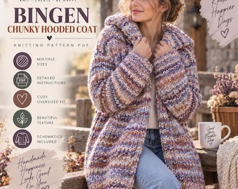 Bingen Chunky Hooded Coat Knitting Pattern PDF, Oversized Cozy Sweater Jacket