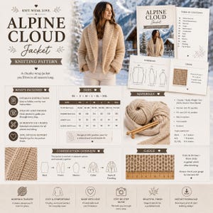 May include: A knitting pattern for an Alpine Cloud Jacket, featuring a beige chunky knit wrap jacket, a size chart for XS to XXL, material requirements, schematics, and a gauge swatch with a wooden ruler measuring 10 cm in width.
