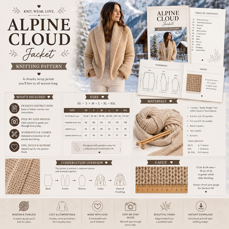 May include: A knitting pattern for an Alpine Cloud Jacket, featuring a beige chunky knit wrap jacket, a size chart for XS to XXL, material requirements, schematics, and a gauge swatch with a wooden ruler measuring 10 cm in width.
