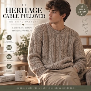 Puede incluir: Un suéter de punto trenzado en color beige con cuello redondo y mangas largas. La imagen incluye el texto: THE HERITAGE CABLE PULLOVER KNITTING PATTERN, SIZES 32-60, DETAILED INSTRUCTIONS, CABLE CHARTS, FULL SIZE RANGE, BEGINNER FRIENDLY, MODERN KNITS.