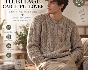 May include: A beige cable knit pullover with a crew neckline and long sleeves. The image features text: THE HERITAGE CABLE PULLOVER KNITTING PATTERN, SIZES 32-60, DETAILED INSTRUCTIONS, CABLE CHARTS, FULL SIZE RANGE, BEGINNER FRIENDLY, and MODERN KNITS.