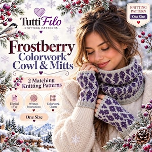 May include: A digital knitting pattern for a Frostberry colourwork cowl and matching fingerless mitts. The design features a purple and light grey floral-inspired pattern. The document includes written instructions, colourwork charts, and is one size.