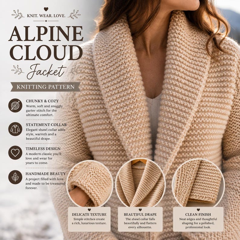 May include: A beige knit jacket featuring a prominent shawl collar and a textured garter stitch pattern. The image includes text titled Alpine Cloud Jacket Knitting Pattern, highlighting features like a chunky design, delicate texture, and clean finish.