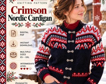 Crimson Nordic Cardigan Knitting Pattern | Norwegian Fair Isle Colorwork (PDF)