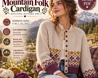 Mountain Folk Cardigan Knitting Pattern, Women's Colorwork Raglan Sweater (PDF)