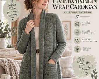 Evergreen Wrap Cardigan Knitting Pattern, Textured Shawl Collar Sweater (PDF)