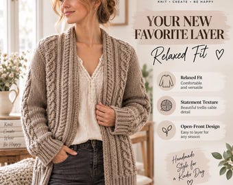 Trellis Cable Knit Cardigan Pattern, Textured Sweater, Open-Front Silhouette (PDF)