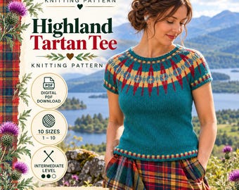 Highland Tartan Tee Knitting Pattern | Fair Isle Colorwork, Short Sleeve Top (PDF)
