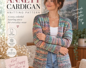 Puede incluir: Un cárdigan de manga larga abierto por delante con un patrón de hilo multicolor en tonos azul, verde, naranja y rosa. El texto en la imagen dice Annett Cardigan Knitting Pattern, Handmade Wardrobe Brighter Days y Knit Your Happy Place.