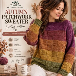 Op de afbeelding: Een trui met lange mouwen en een patchworkontwerp in horizontale banen van paars, oranje, geel en groen. Het gebreide kledingstuk heeft een ronde hals en geribbelde boorden. De tekst "AUTUMN PATCHWORK SWEATER Knitting Pattern" is op de afbeelding te zien.