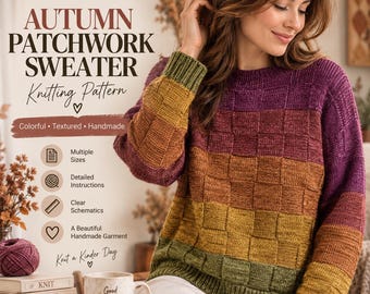 Autumn Patchwork Sweater Knitting Pattern, Color Block Pullover (PDF)
