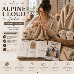 May include: A knitting pattern for an Alpine Cloud Jacket, featuring a beige knitted garment, a printed instruction booklet with schematics, a mug with a heart, and two balls of yarn in a basket. The text includes Alpine Cloud Jacket Knitting Pattern.