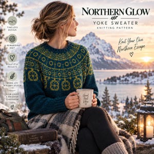 Northern Glow Yoke Sweater Knitting Pattern, Nordic Colorwork, Sizes 32-50 (PDF)