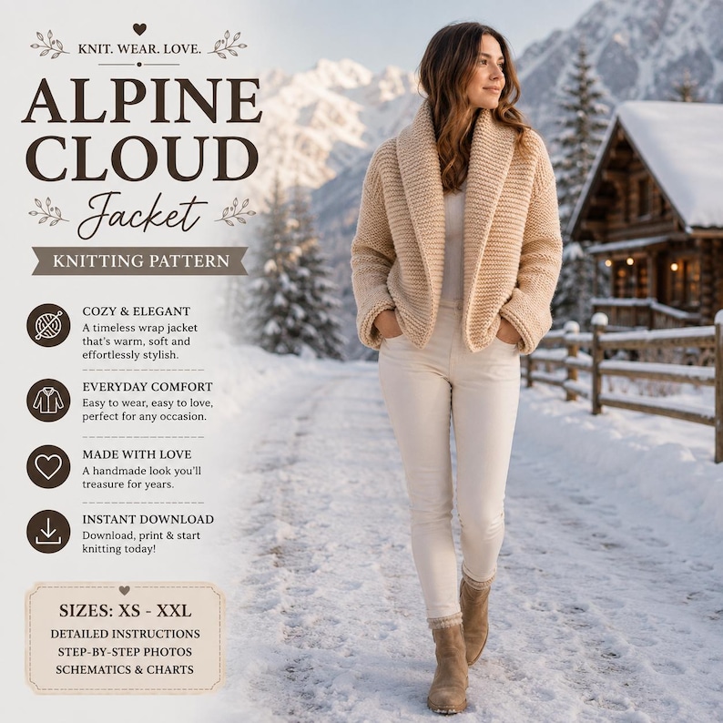 May include: A knitting pattern for an Alpine Cloud Jacket, featuring text that includes the title, sizing from XS to XXL, and instructions. The image displays a beige, chunky knit wrap jacket with a shawl collar worn over light trousers and boots.