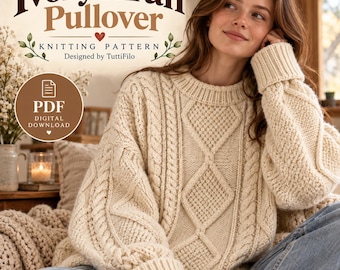Ivory Aran Pullover Knitting Pattern | Cable, Diamond, Moss Stitch (PDF Download)