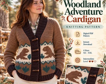 Woodland Adventure Cardigan Knitting Pattern | Beaver Leaf Intarsia Sweater (PDF)