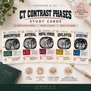 May include: A set of five CT contrast phase study cards by Exposure & Co. featuring medical imaging diagrams, timing intervals, and memory cues for noncontrast, arterial, portal venous, delayed, and excretory phases on a light background.