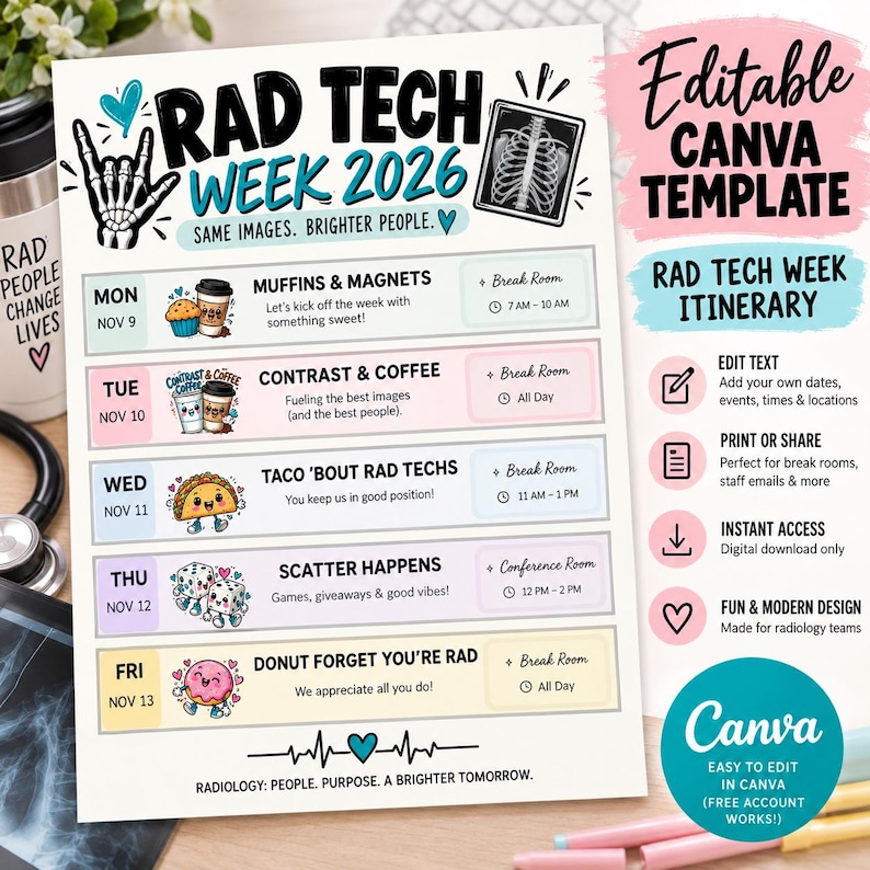 Rad Tech Week Itinerary Canva Template | Editable Radiology Week ...