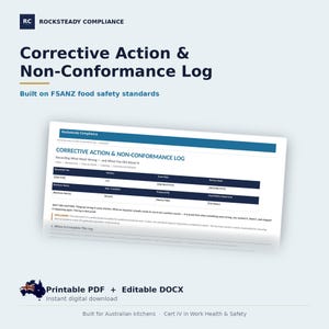 May include: A digital document template titled Corrective Action & Non-Conformance Log, featuring a table for recording food safety issues. The document includes fields for document number, version, issue date, review date, business name, and prepared by.