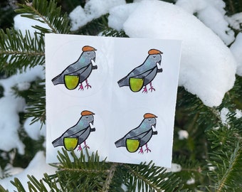 May include: Four round stickers featuring a cartoon illustration of a grey pigeon wearing a brown cap and carrying a green bag. The pigeon is standing on two pink legs.