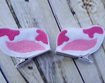 Cow Barrette, Cow Ear Clips, Dressup Ears, Costume Ear Clips, Heifer Ears, Dairy Cow Ear Clips, Holstein Felt Barrette, Strawberry rose cow