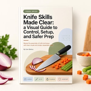 Op de afbeelding: Een visueel e-boek getiteld Knife Skills Made Clear: a Visual Guide to Control, Setup, and Safer Prep door Cem Berkoz. De cover toont een koksmes op een houten snijplank met gesneden rode ui, worteltjes en bleekselderijstengels.