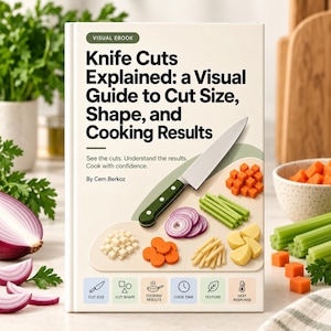 May include: A visual ebook titled Knife Cuts Explained: a Visual Guide to Cut Size, Shape, and Cooking Results by Cem Berkoz. The cover features a green-handled chef's knife and various chopped vegetables on a cutting board graphic.