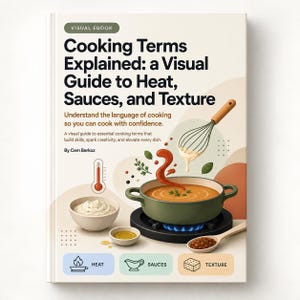 May include: A visual ebook titled Cooking Terms Explained: a Visual Guide to Heat, Sauces, and Texture by Cem Berkoz. The cover features illustrations of a green pot on a stove, a whisk, a bowl of cream, a wooden spoon with spices, and icons.