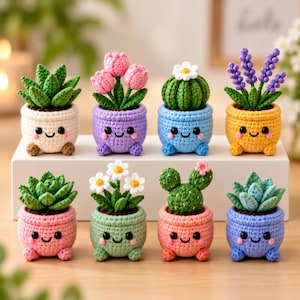 May include: A collection of eight small, crocheted potted plants arranged in two rows. Each plant features a unique design, including succulents, tulips, daisies, and lavender, all housed in colourful, smiling crocheted pots with small feet.