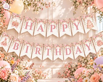 Plantilla de pancarta de cumpleaños Coquette, pancarta editable de Canva con lazo rosa y flores, decoración para fiestas de cumpleaños femeninas, PBBT07