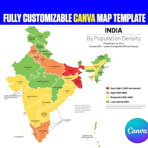 以下が含まれることがあります： インドの人口密度を州別に示す、完全にカスタマイズ可能なCanva用マップテンプレート。地図には赤、オレンジ、黄色、緑の色分けされた凡例が使用されており、各州の密度レベルと人口統計データがテキストラベルで表示されています。