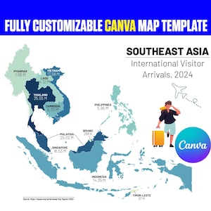 Può includere: Un modello di mappa Canva completamente personalizzabile che mostra gli arrivi di visitatori internazionali nel Sud-est asiatico nel 2024. Il grafico presenta una mappa blu e verde acqua con nomi di paesi, statistiche, un viaggiatore e il logo Canva.