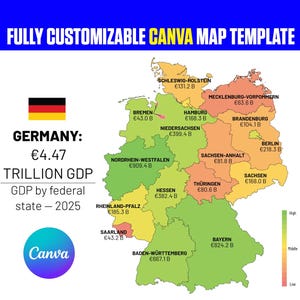 Könnte beinhalten: Eine vollständig anpassbare Canva-Kartenvorlage von Deutschland, die das BIP nach Bundesländern für 2025 darstellt. Die Karte verwendet eine Farbskala von Grün bis Rot, um die Wirtschaftsleistung anzuzeigen, mit Beschriftungen für jedes Bundesland.