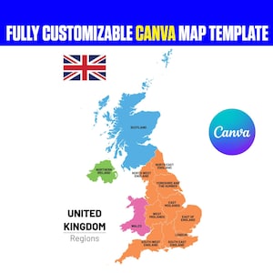 May include: A fully customizable Canva map template of the United Kingdom regions. The graphic displays the UK flag, a colourful map divided into sections labelled with regional names, and a circular Canva logo on a white background with blue borders.