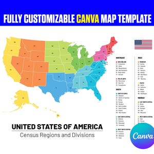 Op de afbeelding: Een digitale kaartsjabloon van de Verenigde Staten van Amerika met kleurgecodeerde censusregio's en divisies. De afbeelding bevat de tekst FULLY CUSTOMIZABLE CANVA MAP TEMPLATE, UNITED STATES OF AMERICA, Census Regions and Divisions.