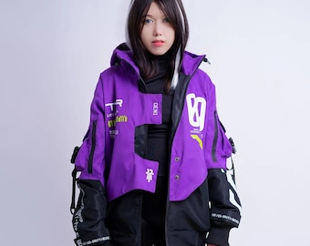 Techwear Jacket: Cyberpunk Varsity with Removable Hoodie, Taslan Windproof Water-Resistant