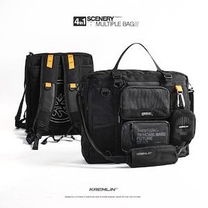 Könnte beinhalten: Ein schwarzes 4-in-1 Multifunktionstaschen-Set mit einer großen Haupttasche, mehreren Reißverschlussfächern, Netztaschen und einer abnehmbaren Tasche. Das Set enthält einen Rucksack mit gelben Akzenten und dem Text 78/HOME/BASE FUTURE GEAR.