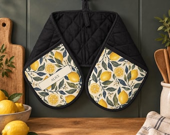 Personalized Double Oven Mitt, Joined Two Pocket Kitchen Gift, Citrus Pear or Winter Berry Print