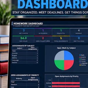 May include: A laptop screen displaying a digital homework dashboard with the text HOMEWORK DASHBOARD. The interface features colourful charts, tables, and metrics tracking assignments by subject, priority, and status, including an average grade of 94.0.